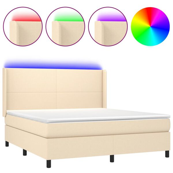 Cama box spring colchón y luces LED tela crema 160×200 cm Crema 160 x 200 cm Diseño plano