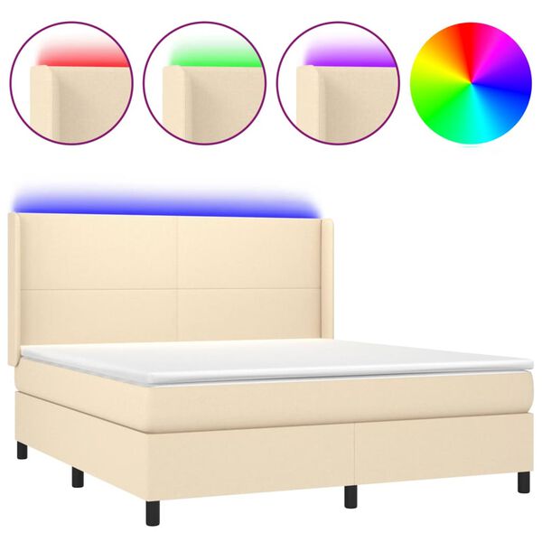 Cama box spring colchón y luces LED tela crema 180×200 cm Crema 180 x 200 cm Diseño plano
