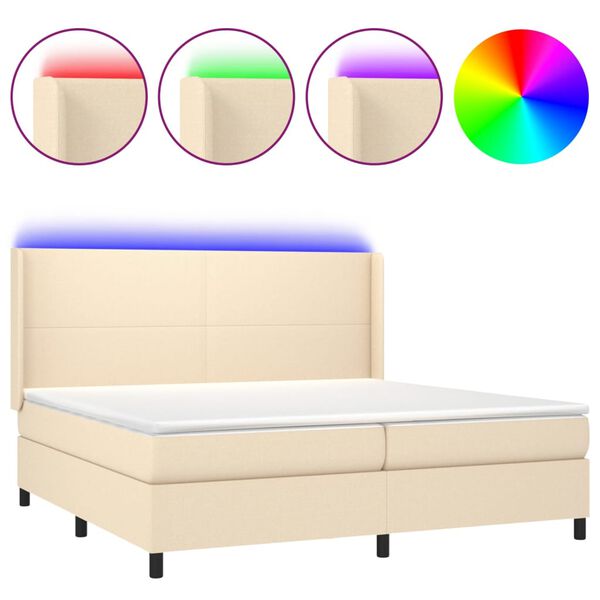 Cama box spring colchón y luces LED tela crema 200×200 cm Crema 200 x 200 cm Diseño plano