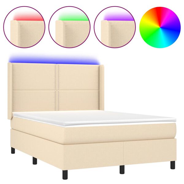 Cama box spring colchón y luces LED tela crema 140×200 cm Crema 140 x 200 cm Liso con clavos