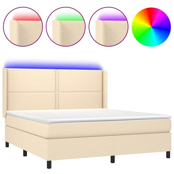 Cama box spring colchón y luces LED tela crema 180×200 cm Crema 180 x 200 cm Liso con clavos