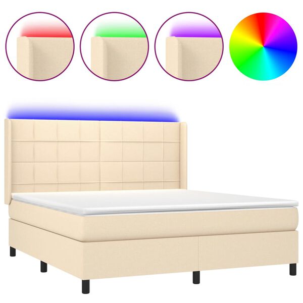 Cama box spring colchón y luces LED tela crema 180×200 cm Crema 180 x 200 cm Bloques con cuadros