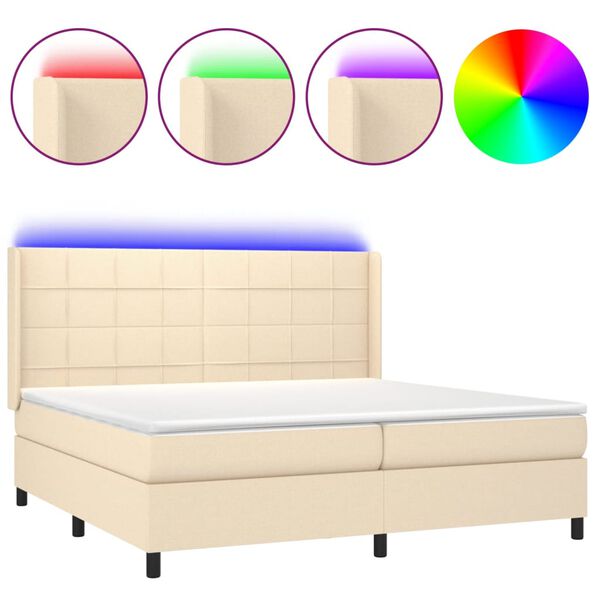 Cama box spring colchón y luces LED tela crema 200×200 cm Crema 200 x 200 cm Bloques con cuadros