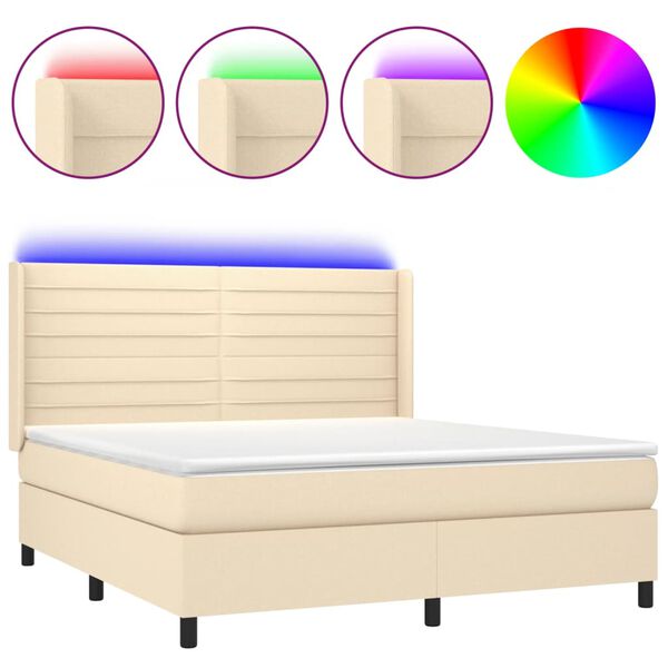 Cama box spring colchón y luces LED tela crema 160×200 cm Crema 160 x 200 cm Rayas horizontales