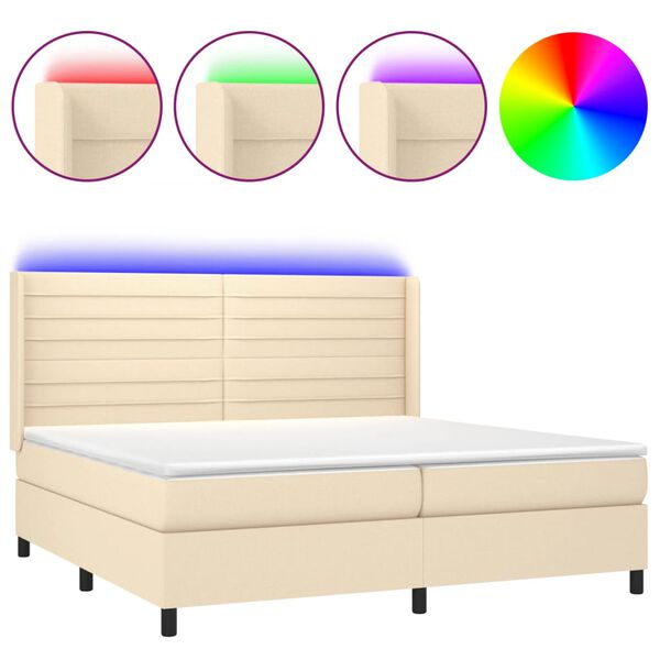 Cama box spring colchón y luces LED tela crema 200×200 cm Crema 200 x 200 cm Rayas horizontales
