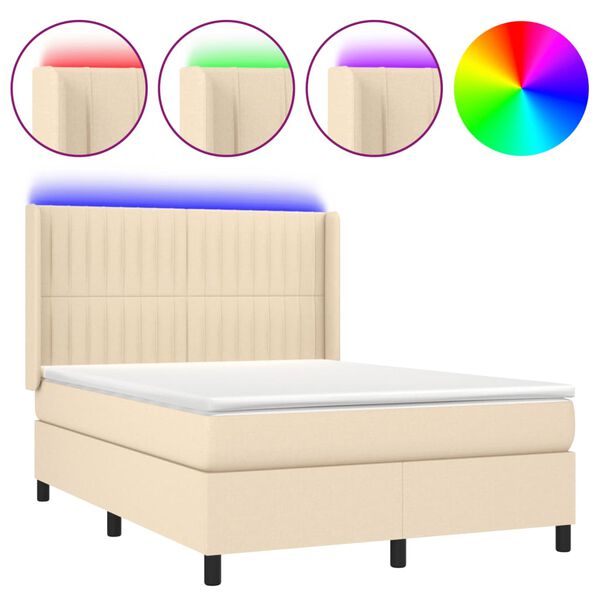 Cama box spring colchón y luces LED tela crema 140×200 cm Crema 140 x 200 cm Rayas verticales
