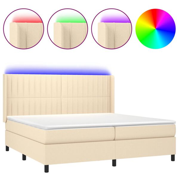 Cama box spring colchón y luces LED tela crema 200×200 cm Crema 200 x 200 cm Rayas verticales