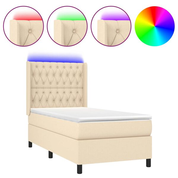 Cama box spring colchón y luces LED tela crema 80×200 cm Crema 80 x 200 cm Diseño de botones