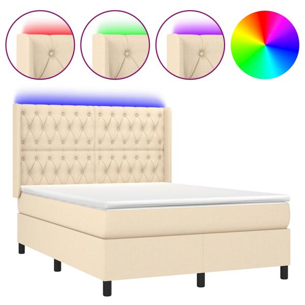 Cama box spring colchón y luces LED tela crema 140×200 cm Crema 140 x 200 cm Diseño de botones