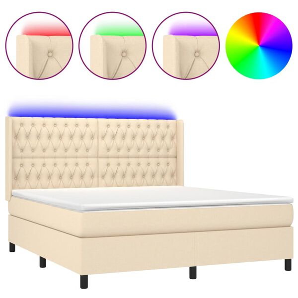Cama box spring colchón y luces LED tela crema 180×200 cm Crema 180 x 200 cm Diseño de botones