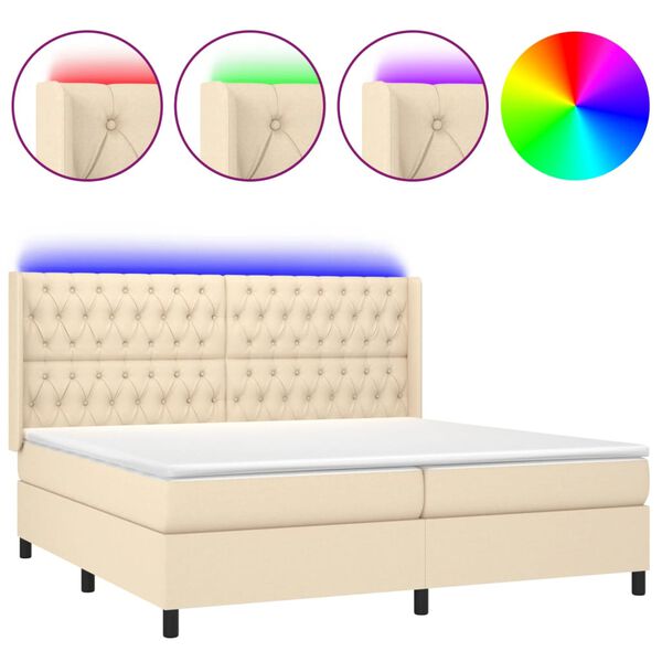 Cama box spring colchón y luces LED tela crema 200×200 cm Crema 200 x 200 cm Diseño de botones