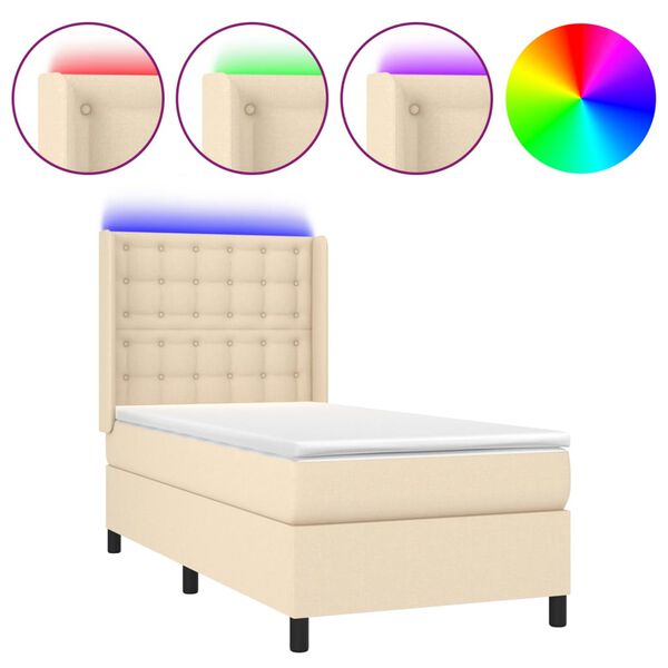 Cama box spring colchón y luces LED tela crema 80×200 cm Crema 80 x 200 cm botones