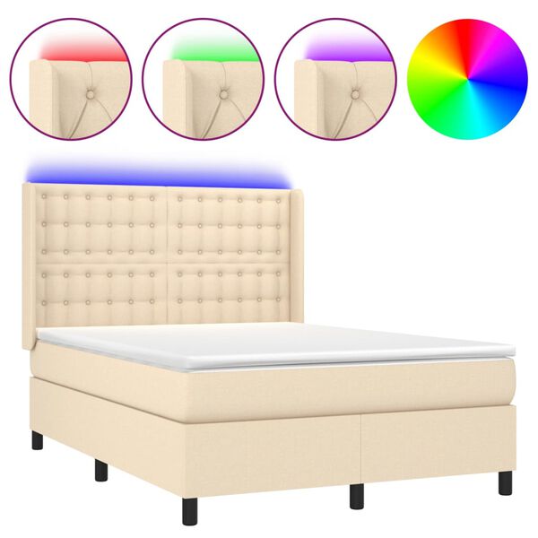 Cama box spring colchón y luces LED tela crema 140×200 cm Crema 140 x 200 cm botones