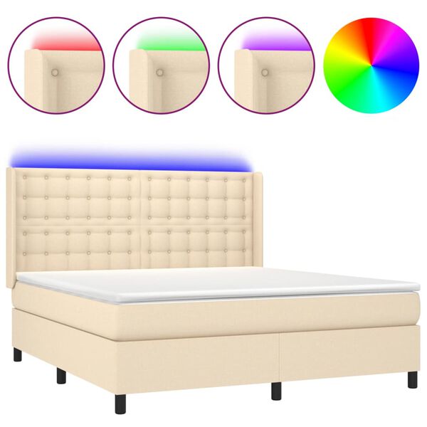 Cama box spring colchón y luces LED tela crema 160×200 cm Crema 160 x 200 cm botones