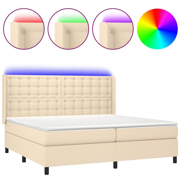Cama box spring colchón y luces LED tela crema 200×200 cm Crema 200 x 200 cm botones