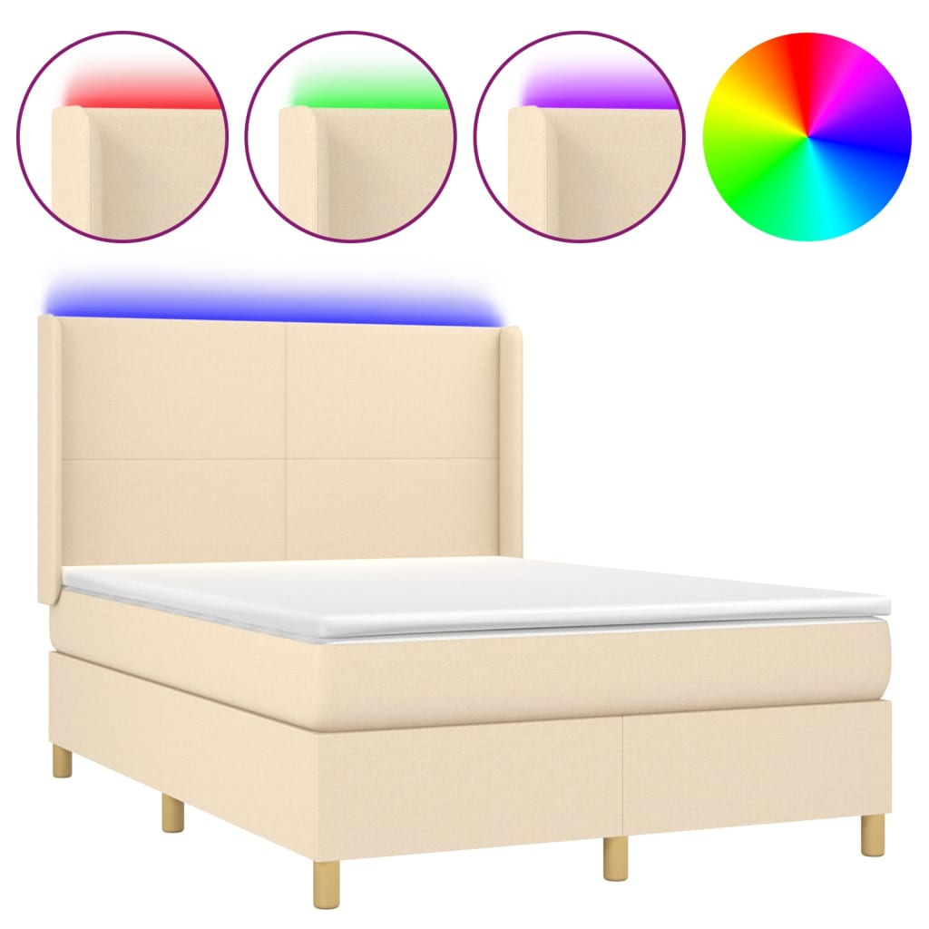 Cama box spring colchón y luces LED tela crema 140×200 cm 3138722