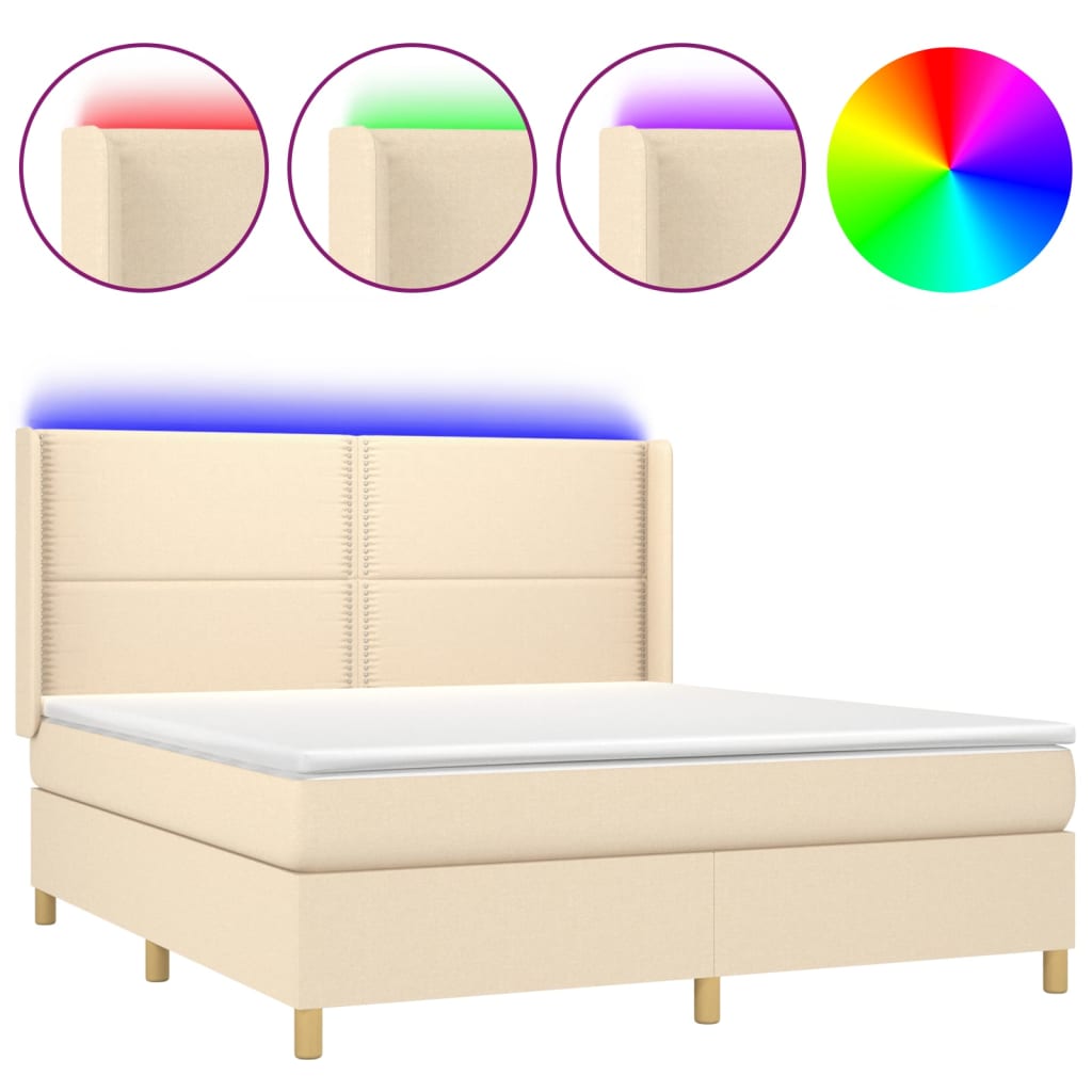 Cama box spring colchón y luces LED tela crema 180×200 cm 3138818