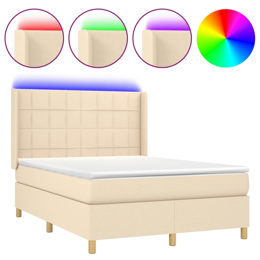 Cama box spring colchón y luces LED tela crema 140×200 cm 3138882
