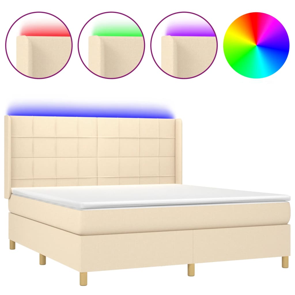 Cama box spring colchón y luces LED tela crema 160×200 cm 3138890