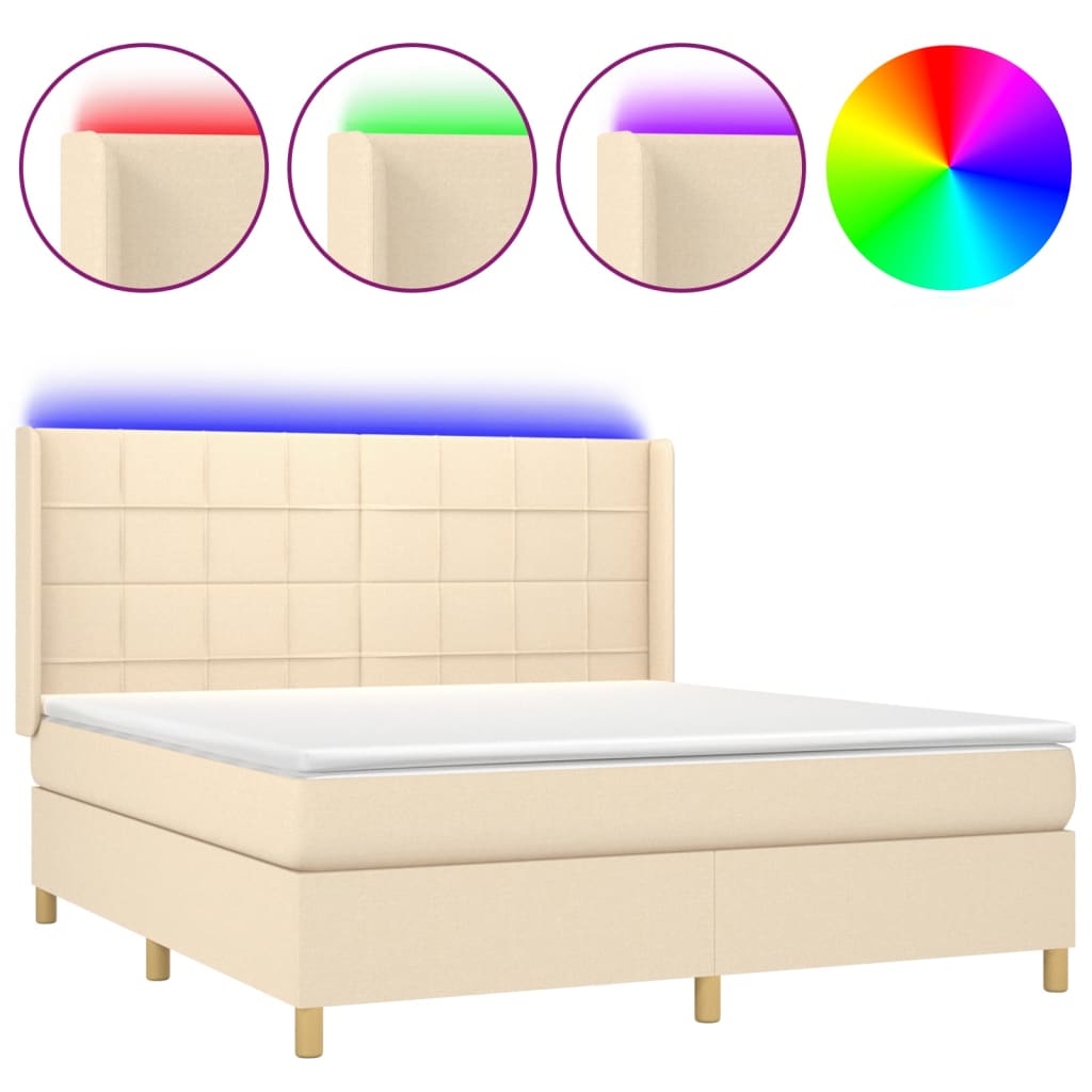 Cama box spring colchón y luces LED tela crema 180×200 cm 3138898