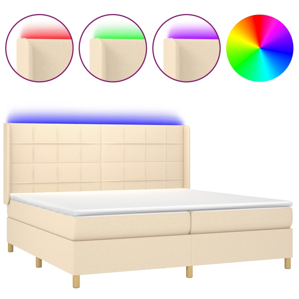 Cama box spring colchón y luces LED tela crema 200×200 cm 3138906