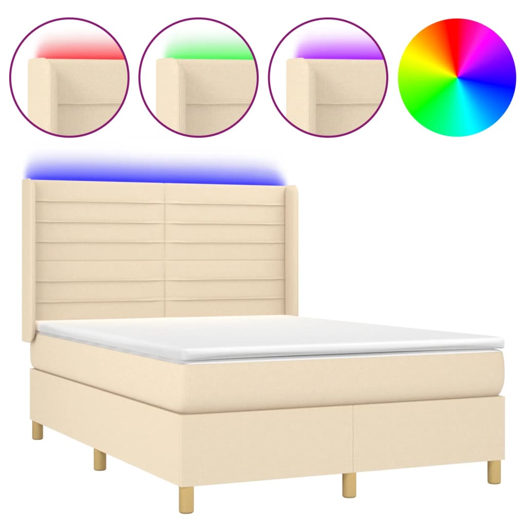 Cama box spring colchón y luces LED tela crema 140×200 cm 3138962