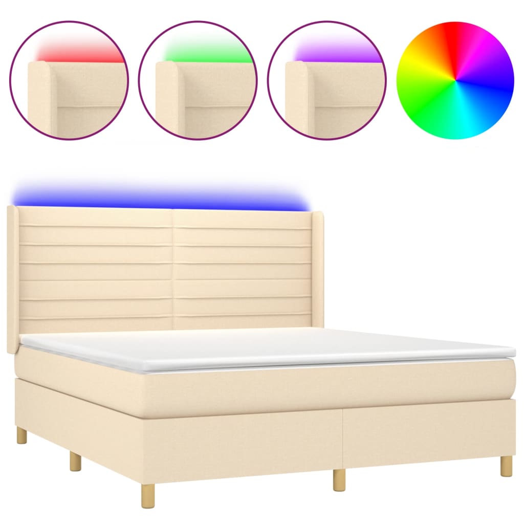 Cama box spring colchón y luces LED tela crema 180×200 cm 3138978