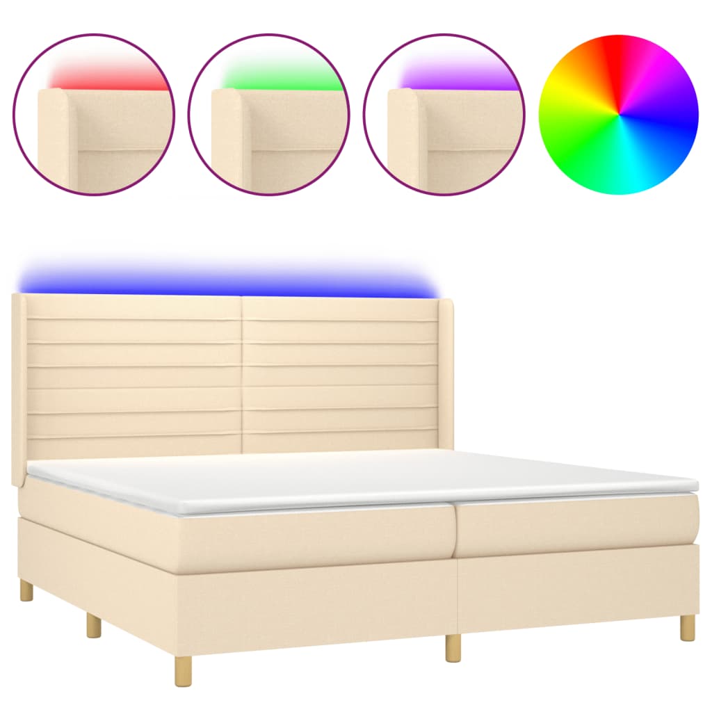Cama box spring colchón y luces LED tela crema 200×200 cm 3138986