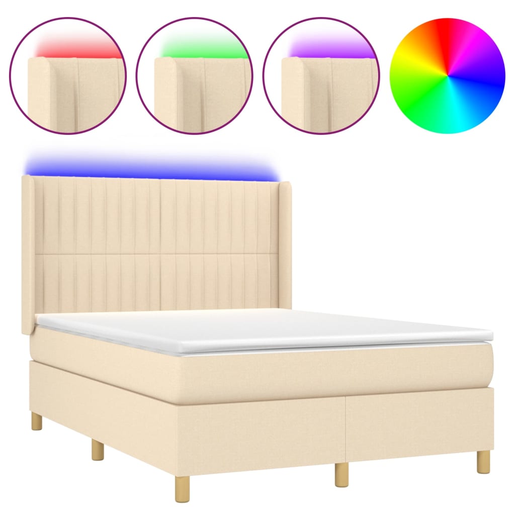 Cama box spring colchón y luces LED tela crema 140×200 cm 3139042