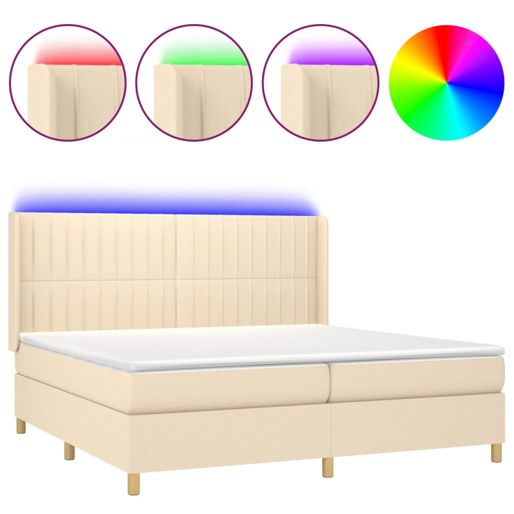 Cama box spring colchón y luces LED tela crema 200×200 cm 3139066