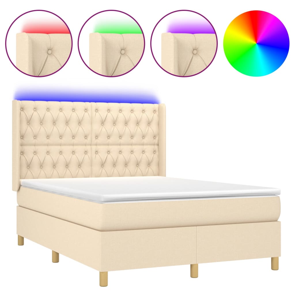 Cama box spring colchón y luces LED tela crema 140×200 cm 3139122