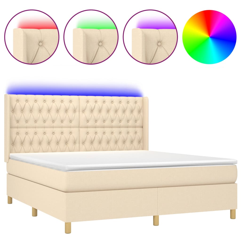Cama box spring colchón y luces LED tela crema 180×200 cm 3139138