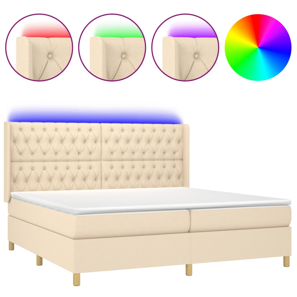 Cama box spring colchón y luces LED tela crema 200×200 cm 3139146