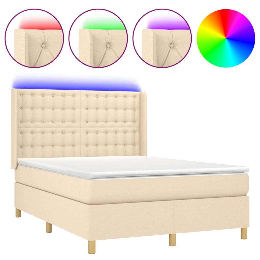 Cama box spring colchón y luces LED tela crema 140×200 cm 3139202