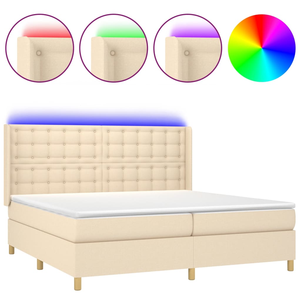 Cama box spring colchón y luces LED tela crema 200×200 cm 3139226