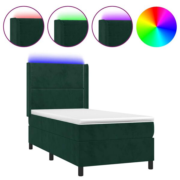 Cama box spring colchón y LED terciopelo verde oscuro 90×190 cm Verde oscuro Liso con clavos 90 x 190 cm