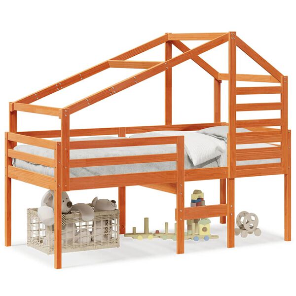 Cama alta con techo madera maciza de pino marrón cera 90×190 cm Marrón cera 90 x 190 cm