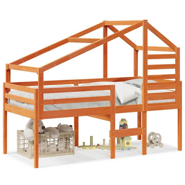 Cama alta con techo madera maciza de pino marrón cera 75×190 cm Marrón cera 75 x 190 cm