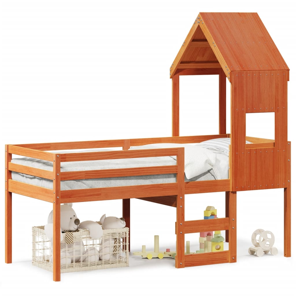 Cama alta con techo madera maciza de pino marrón cera 90×190 cm 3282018