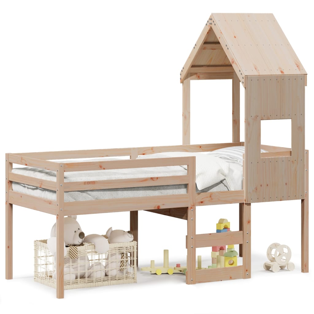 Cama alta con techo madera maciza de pino marrón cera 75×190 cm 3282019