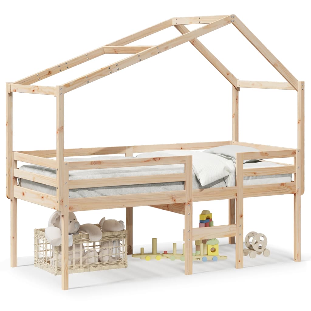 Cama alta con techo madera maciza de pino marrón cera 75×190 cm 3282061