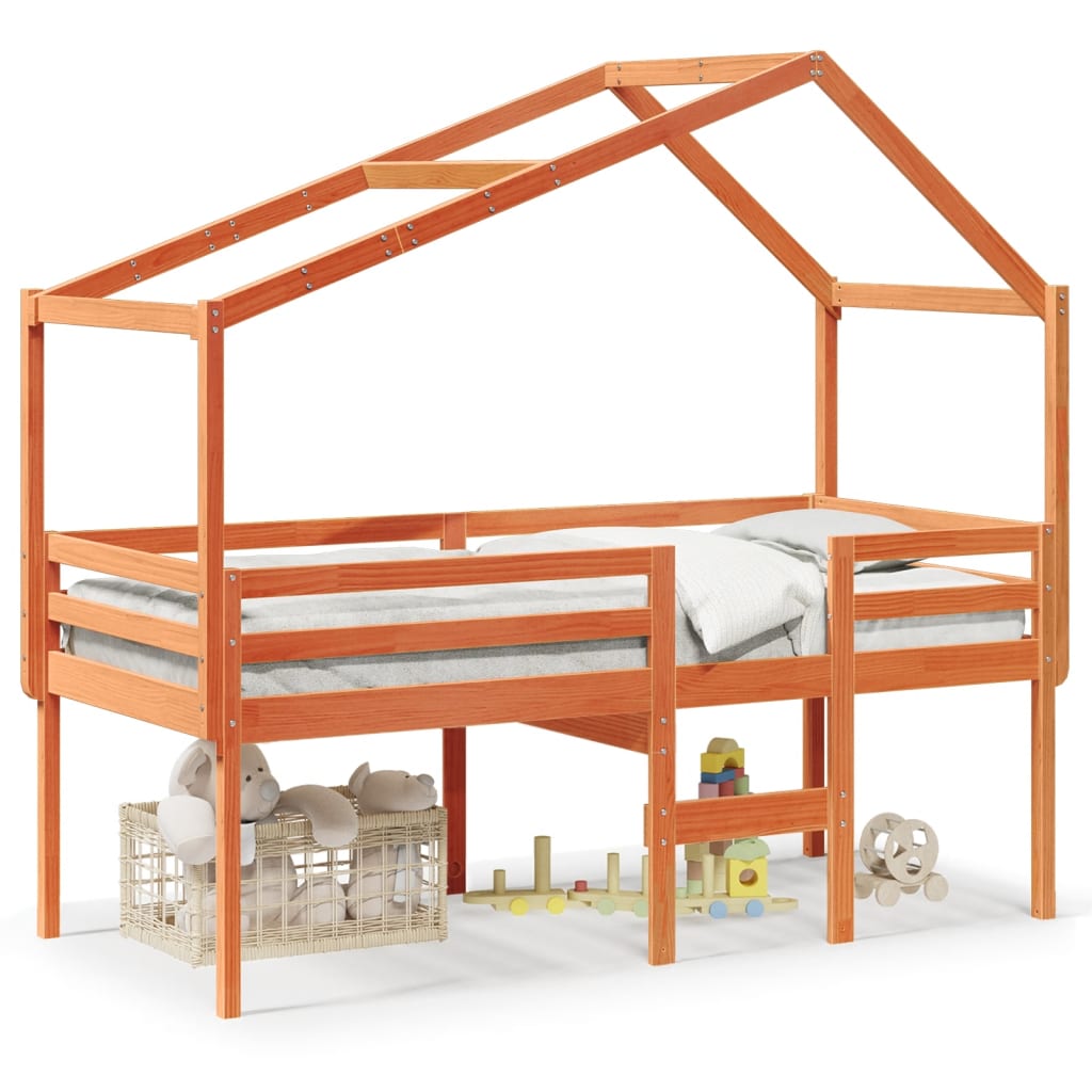 Cama alta con techo madera maciza de pino marrón cera 75×190 cm 3282063