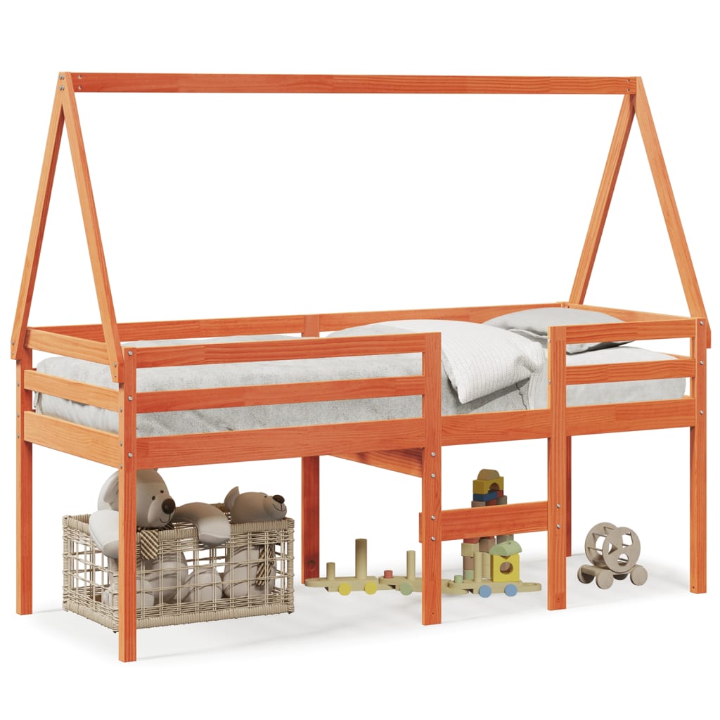 Cama alta con techo madera maciza de pino marrón cera 90×190 cm 3282100