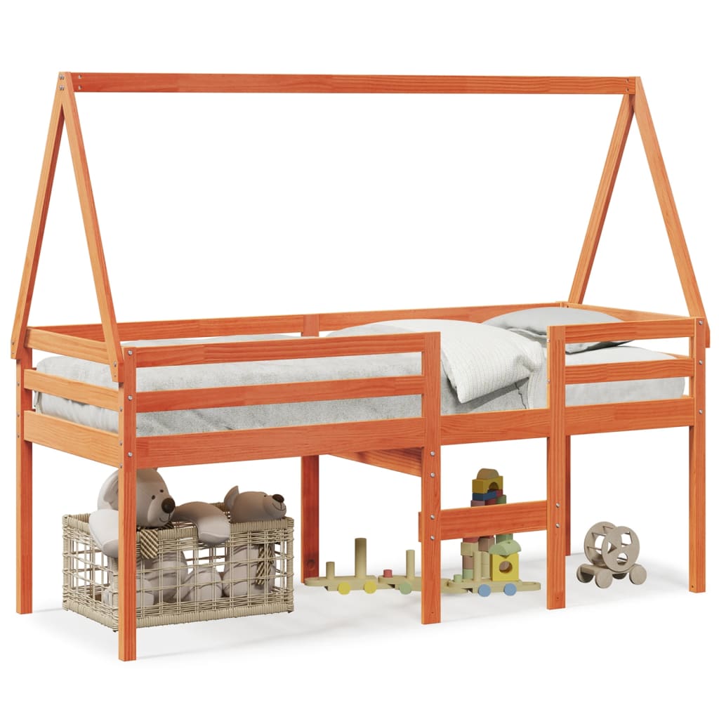 Cama alta con techo madera maciza de pino marrón cera 75×190 cm 3282103