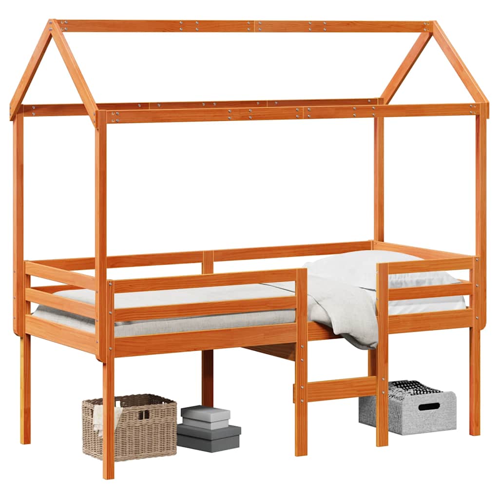 Cama alta con techo madera maciza de pino marrón cera 75×190 cm 3282143