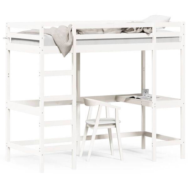 Cama alta con escritorio madera maciza pino blanca 90×190 cm Blanco 90 x 190 cm