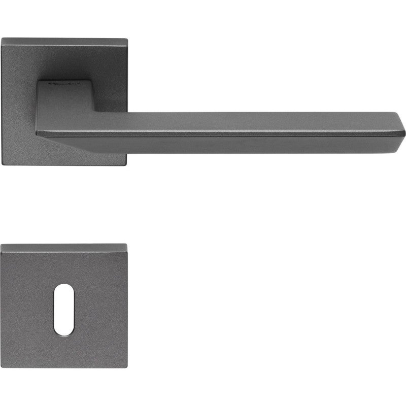 2 Manilla en rosetón cuadrado, montaje ultrarrápido Click-Clack , rosetón de llave L, acabado gris antracita 5 años, para puerta interior.