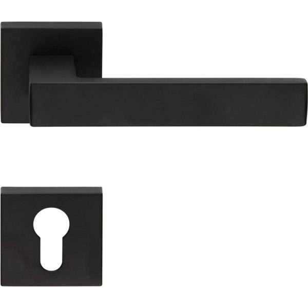 2 Manilla sobre roseta cuadrada, montaje ultrarrápido Click-Clack, rosetón agujero de llave I para cilindro, negro, para puerta de entrada.