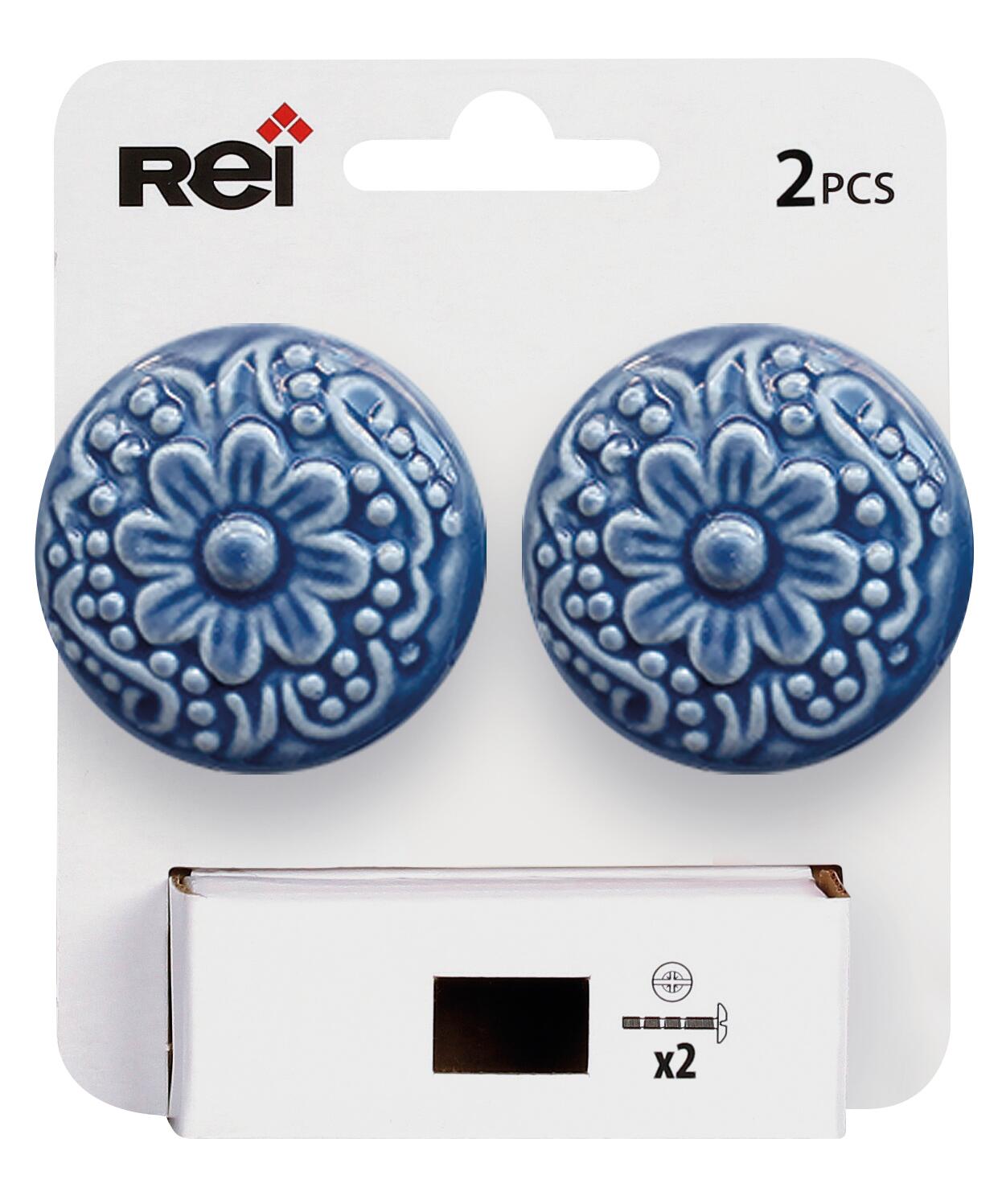2 Pomos de mueble de porcelana REI de 44mm diámetro color azul