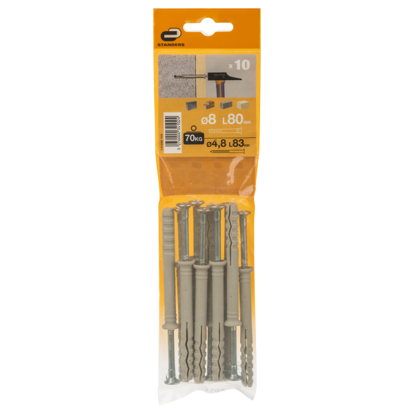 10 tacos clavar nailon materiales macizos STANDERS ø8mm y L.80 mm con tornillos 10 tacos clavar nailon materiales macizos STANDERS ø8mm y L.80 mm con tornillos